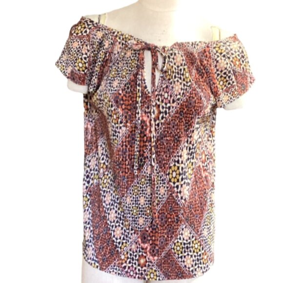 Lauren Conrad Peasant Top Mixed Print Shimmer Micropleated M 64J - Picture 2 of 12